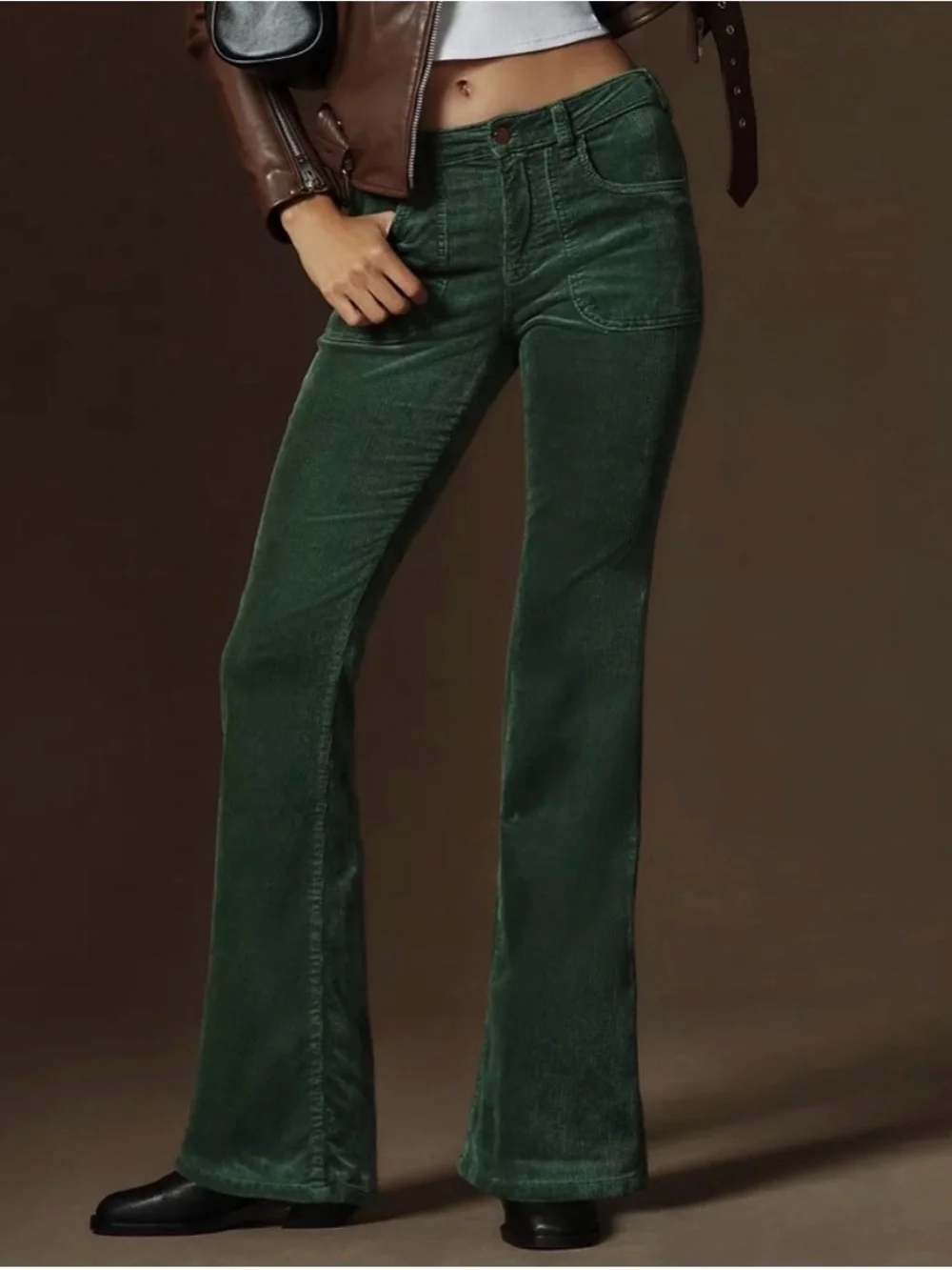 Anthropologie Pilcro The Low-Rise Icon Flare Corduroy Chop Pocket Green Size 25